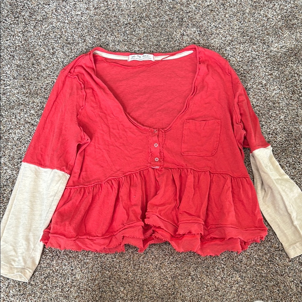 Red and Cream Long Sleeve Top